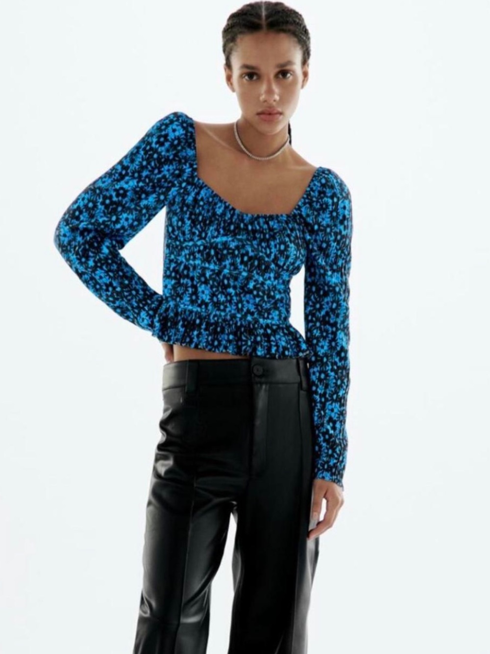 Zara Blue and Black Floral Square-Neck Top